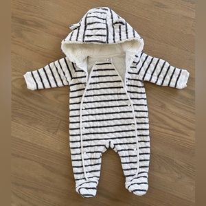 Nordstrom White and Black Striped Quilted Hooded Puffer One-Piece